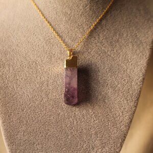 Raw Amethyst Crystal Pendant Necklace – Gold Trim Spiritual Healing Stone